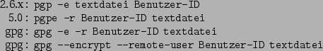 \begin{command}2.6.x: pgp -e textdatei Benutzer-ID
5.0: pgpe -r Benutzer-ID tex...
...D textdatei
gpg: gpg --encrypt --remote-user Benutzer-ID textdatei
\end{command}