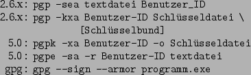 \begin{command}2.6.x: pgp -sea textdatei Benutzer_ID
2.6.x: pgp -kxa Benutzer-ID...
... -sa -r Benutzer-ID textdatei
gpg: gpg --sign --armor programm.exe
\end{command}
